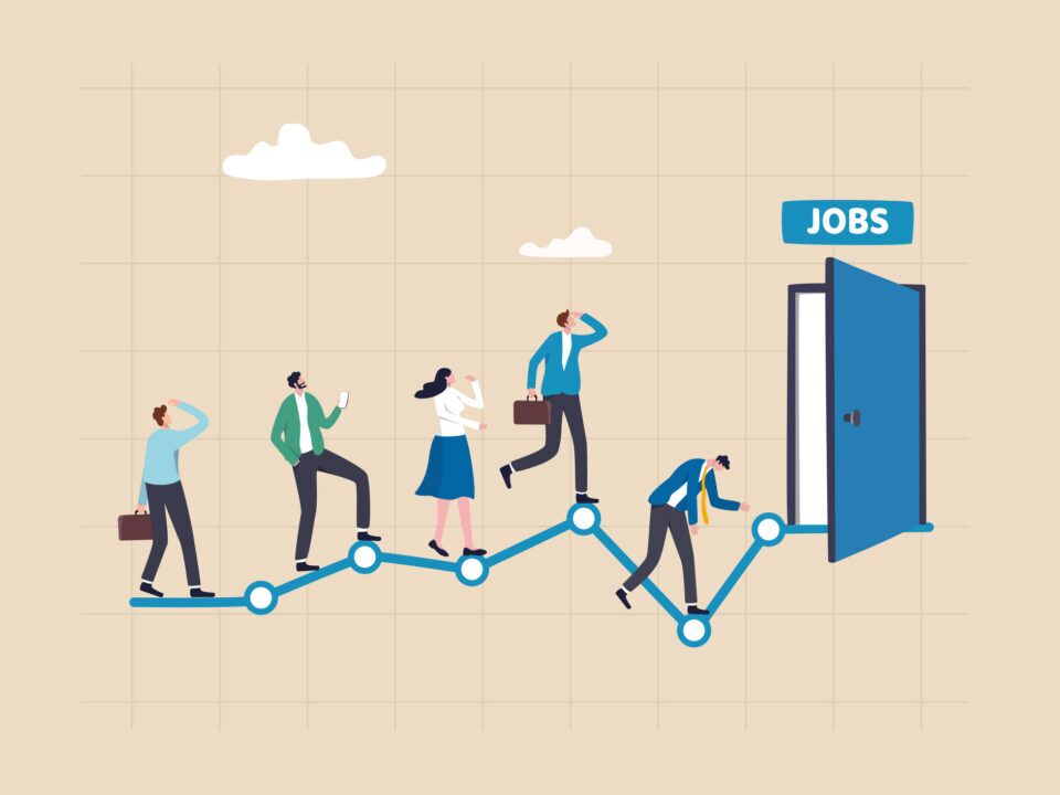Unemployment rate or hiring position statistics or forecast, economy growth or recession, new worker or corporate job concept, business people queue in line on unemployment graph diagram applying job.